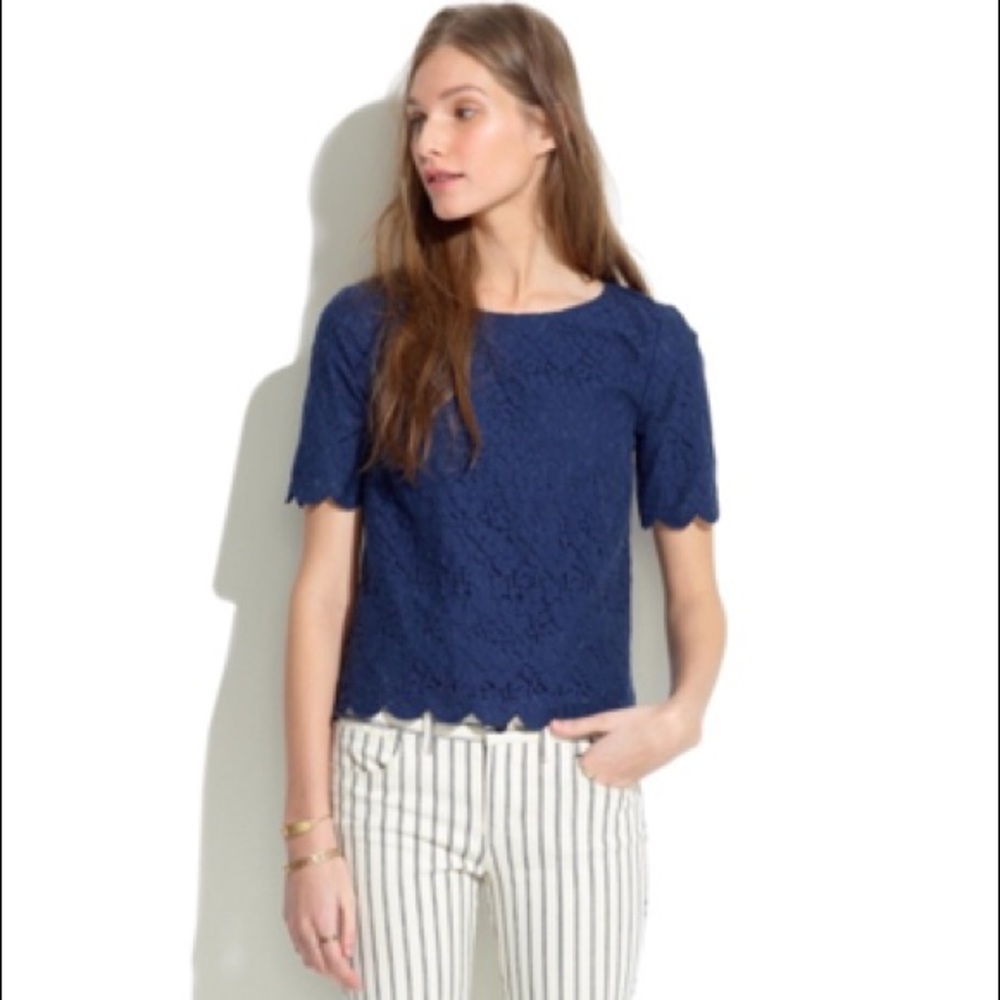 SOLD! Madewell Boxy Navy Scalloped Lace Top